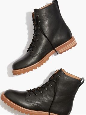 Women's Black Leather MadeWell  Lace-Up Boots with Tan Sole